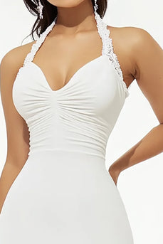 White Satin Short Halter A Line Graduation Dress with Ruffles