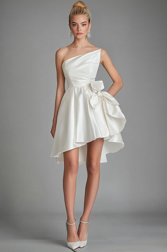 Ivory Satin One Shoulder A Line Graduation Dress with Bow