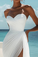 Load image into Gallery viewer, Boho White Tulle Sheath Pleated Sweetheart Maxi Dress with Slit