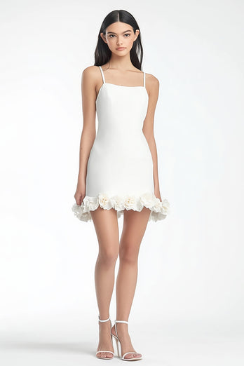 White Satin Spaghetti Straps Floral Short Bodycon Graduation Dress