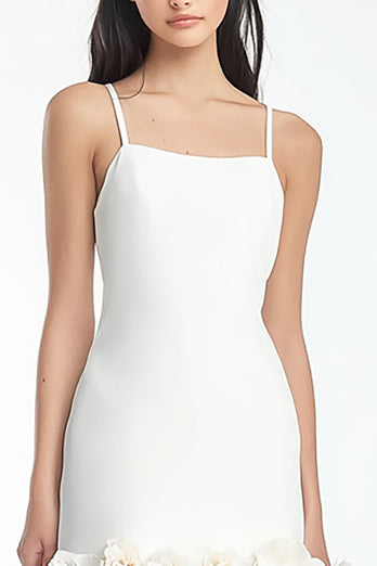 White Satin Spaghetti Straps Floral Short Bodycon Graduation Dress