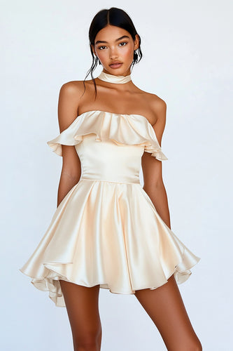 Champagne Satin Strapless Short Graduation Dress with Ruffles