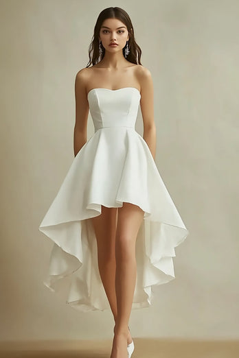 White Satin Strapless Asymmetrical A Line Graduation Dress
