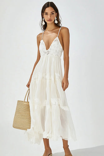 White V Neck Boho Maxi Dress with Ruffles