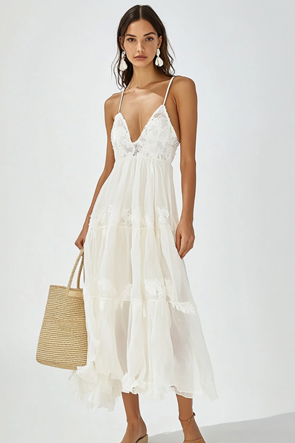White V Neck Boho Maxi Dress with Ruffles