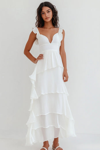 White Chiffon V Neck Long Engagement Dress with Ruffles