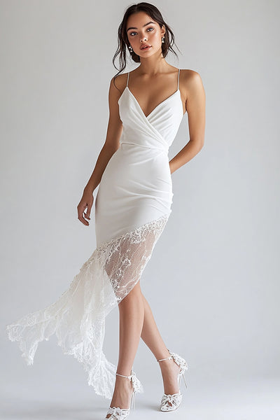 White Chiffon Asymmetrical V Neck Graduation Dress with Lace