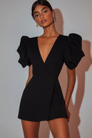 Load image into Gallery viewer, Black Satin V Neck Puff Sleeves Short Cocktail Dress