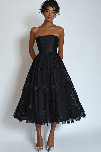 Black Floral Strapless Midi A Line Formal Dress with Lace