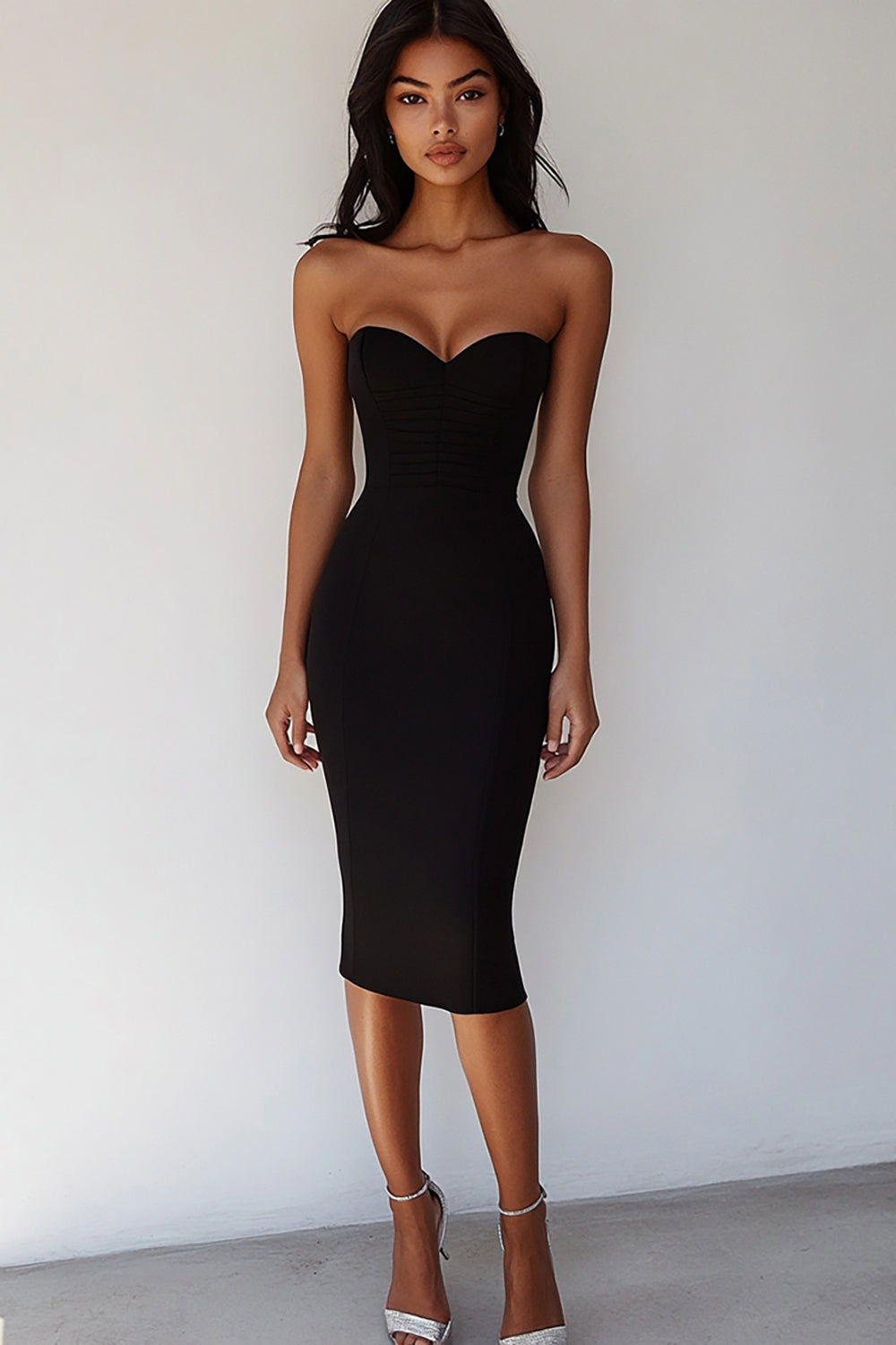 Black Satin Sweetheart Midi Bodycon Cocktail Dress