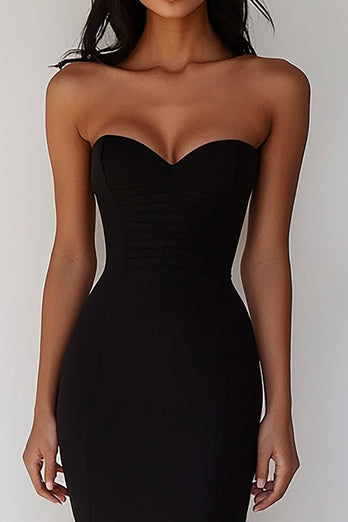 Black Satin Sweetheart Midi Bodycon Cocktail Dress