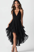 Load image into Gallery viewer, Queendancer Women Black Chiffon Asymmetrical Cocktail Dress with Ruffles V-Neck A Line Little Black Dress