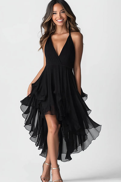 Black V-Neck Asymmetrical A Line Cocktail Dress with Ruffles