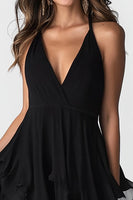 Load image into Gallery viewer, Black Chiffon V-Neck  A Line Asymmetrical Cocktail Dress with Ruffles
