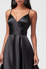 Load image into Gallery viewer, Black Satin Asymmetrical Spaghetti Straps A Line Formal Dress