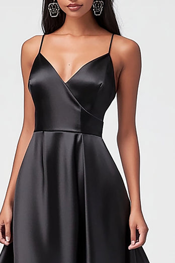 Black Satin Asymmetrical Spaghetti Straps A Line Formal Dress