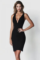 Load image into Gallery viewer, Black Satin V Neck Short Bodycon Cocktail Dress