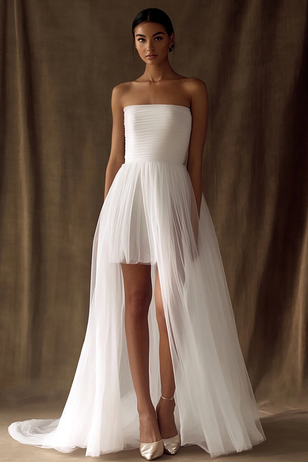 White Tulle Strapless High-Low Engagement Dress with Pleats