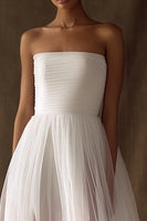 Load image into Gallery viewer, White Tulle Strapless High-Low Engagement Dress with Pleats