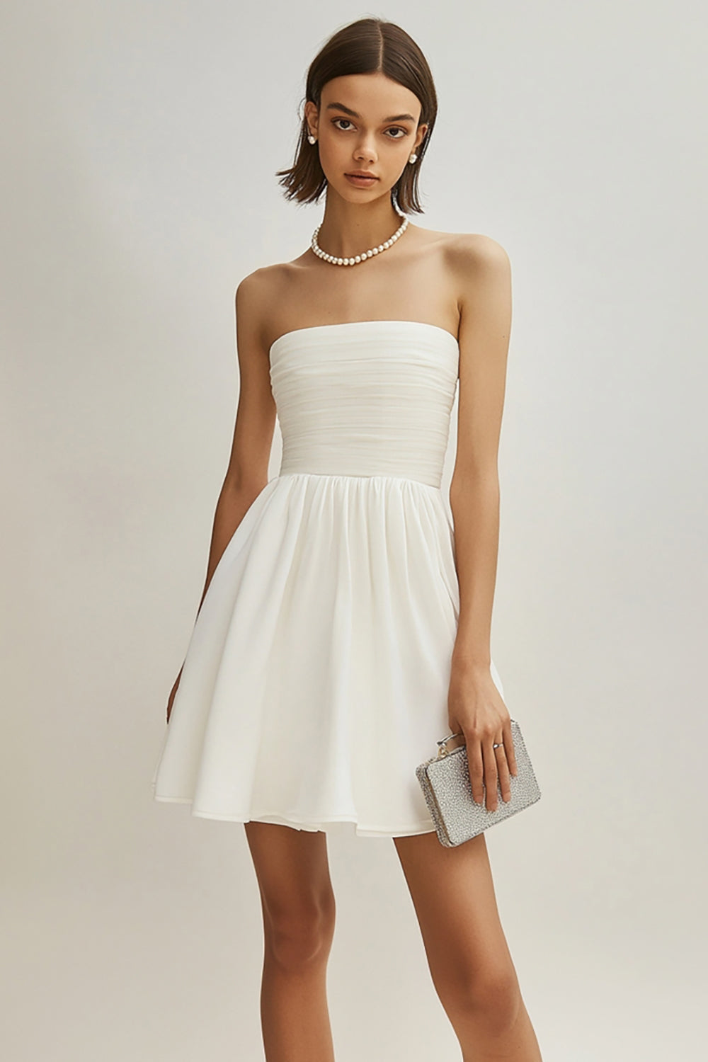 White Satin Strapless Ruched Short Graduation Dress