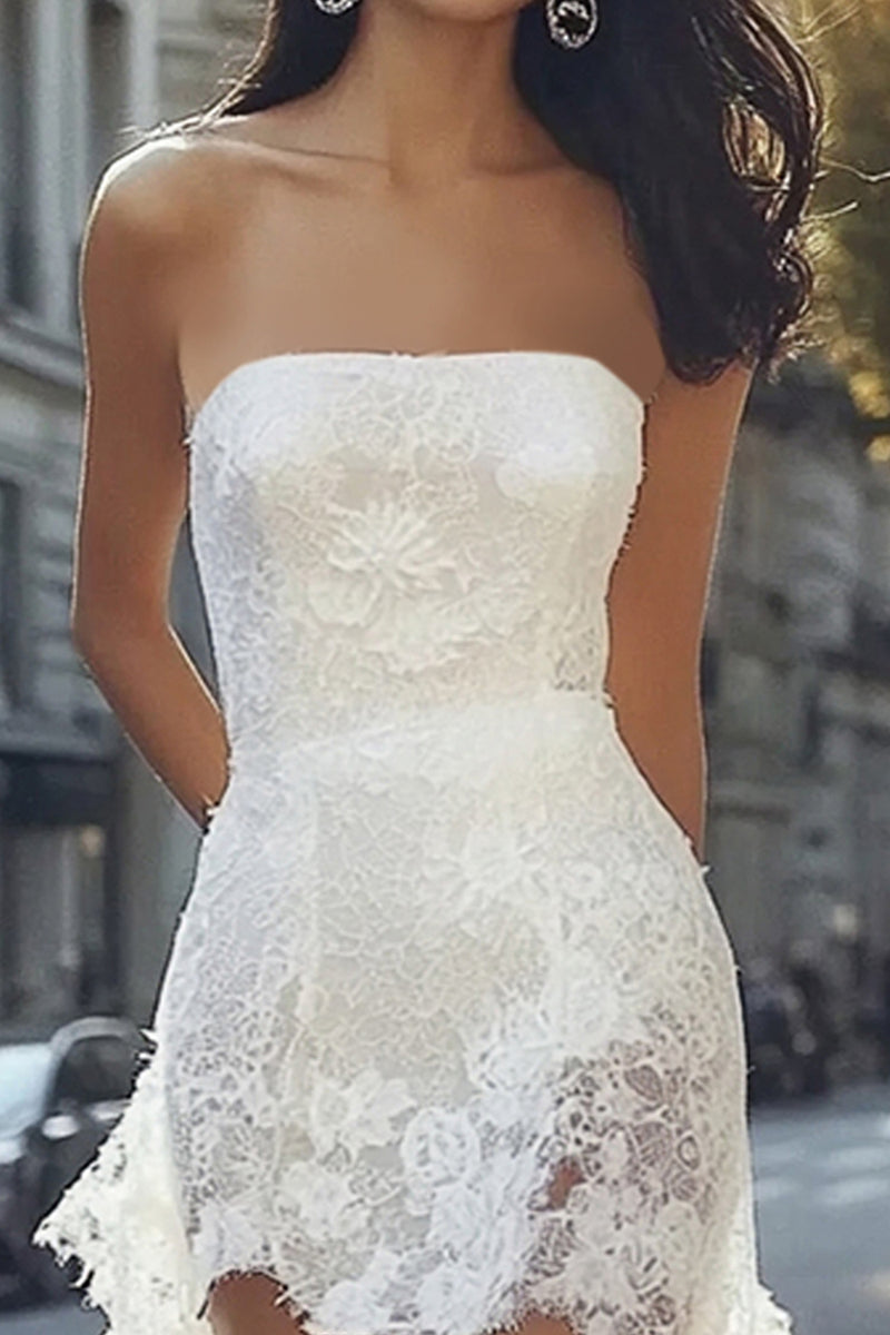 Load image into Gallery viewer, White Lace Strapless High-Low Boho Graduation Dress