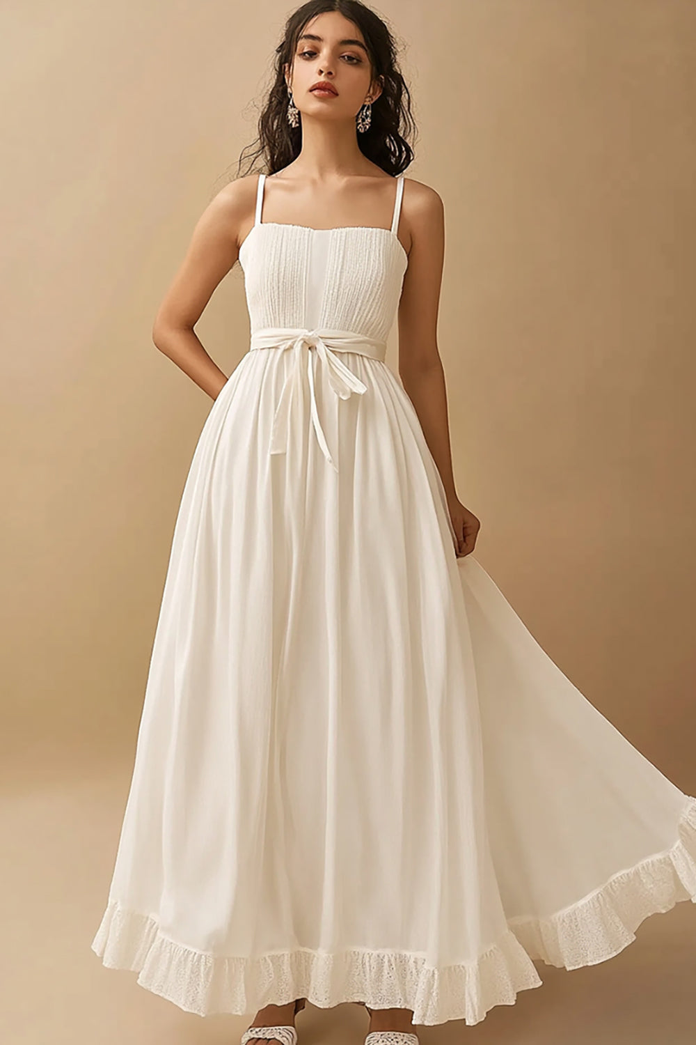 White Satin Long A Line Engagement Dress with Ruffles