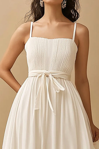 White Satin Long A Line Engagement Dress with Ruffles