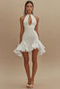 Load image into Gallery viewer, White Satin Short High Neck Graduation Dress with Ruffles
