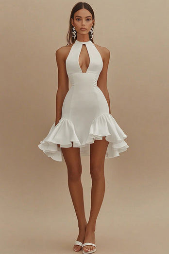 White Satin Short High Neck Graduation Dress with Ruffles