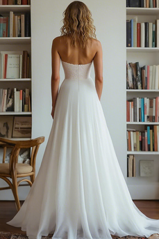 White V Neck High-Low A Line Engagement Dress with Beading