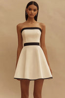 Load image into Gallery viewer, Ivory and Black Satin Strapless Short A Line Graduation Dress