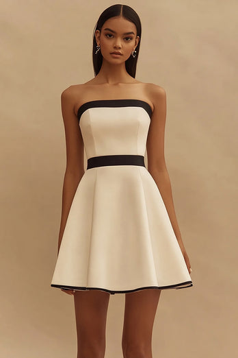 Ivory and Black Satin Strapless Short A Line Graduation Dress