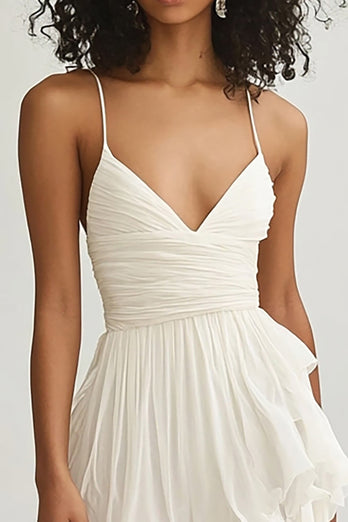 Ivory Chiffon V Neck Pleated Graduation Dress with Ruffles
