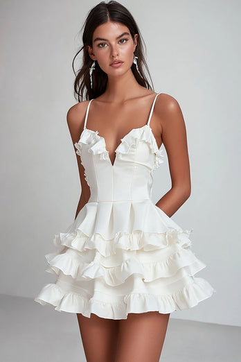 White Satin V Neck Short Ruched Graduation Dress with Ruffles