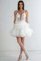 Load image into Gallery viewer, White Tulle V Neck Short A Line Graduation Dress with Lace