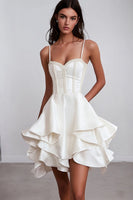Load image into Gallery viewer, White Spaghetti Straps Short Graduation Dress with Ruffles