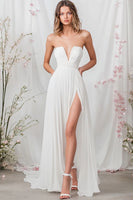 Load image into Gallery viewer, White Chiffon Tube Top Long A Line Engagement Dress with Slit