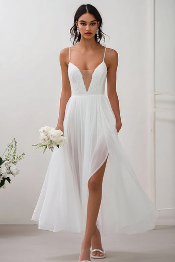 White Chiffon V Neck Long Engagement Dress with Slit