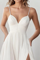 Load image into Gallery viewer, White Spaghetti Straps Long Engagement Dress with Slit