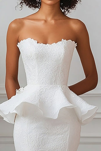 White Satin Strapless Long Mermaid Engagement Dress with Ruffles