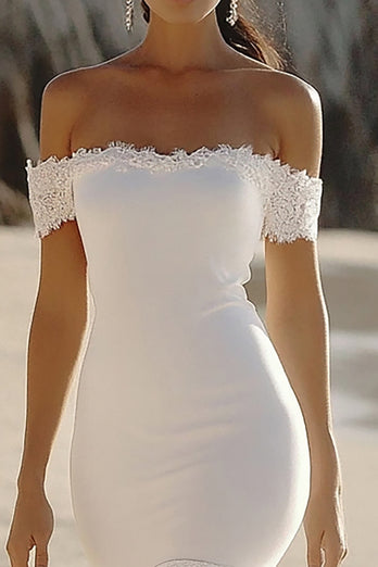 White Satin High-Low Engagement Dress with Lace
