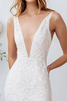 Load image into Gallery viewer, White Lace V Neck Long Sheath Engagement Dress