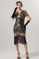 Load image into Gallery viewer, Sparkly Black Golden Bodycon Short Fringe 1920s Dress