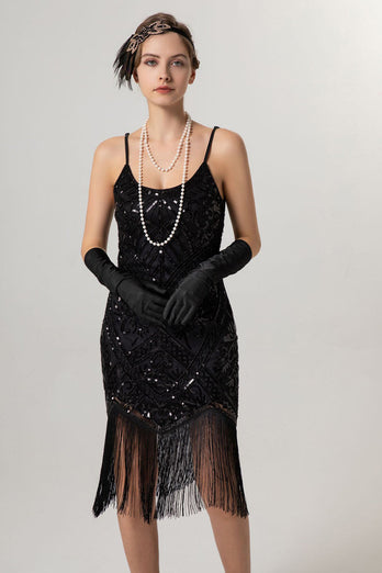 Sparkly Black Golden Spaghetti Straps 1920s Dress with Tassels