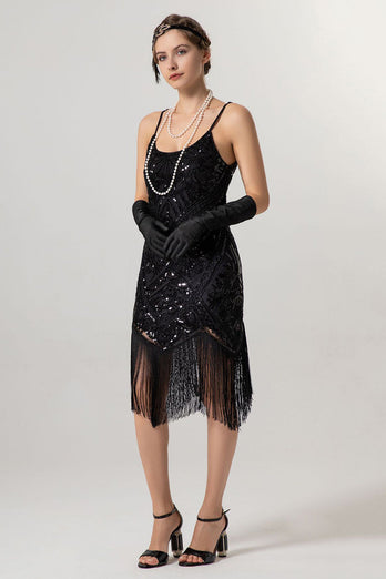 Sparkly Black Golden Spaghetti Straps 1920s Dress with Tassels
