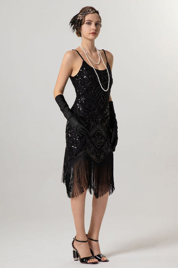 Sparkly Black Golden Spaghetti Straps 1920s Dress with Tassels