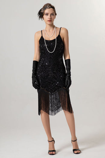 Sparkly Black Golden Spaghetti Straps 1920s Dress with Tassels
