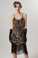 Load image into Gallery viewer, Sparkly Black Golden Spaghetti Straps 1920s Dress with Tassels
