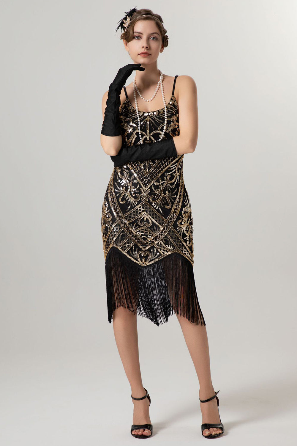 Sparkly Black Golden Spaghetti Straps 1920s Dress with Tassels