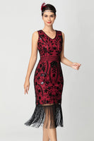 Load image into Gallery viewer, Black Burgundy Sequins Sheath Fringed 1920s Dress